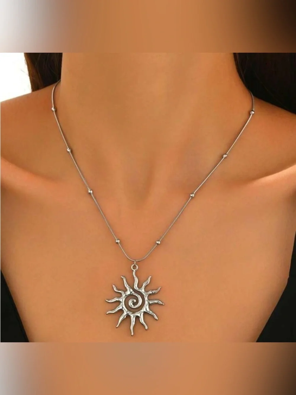 Silver Plated Stainless Steel Beaded Spiral Sun Pendant Necklace